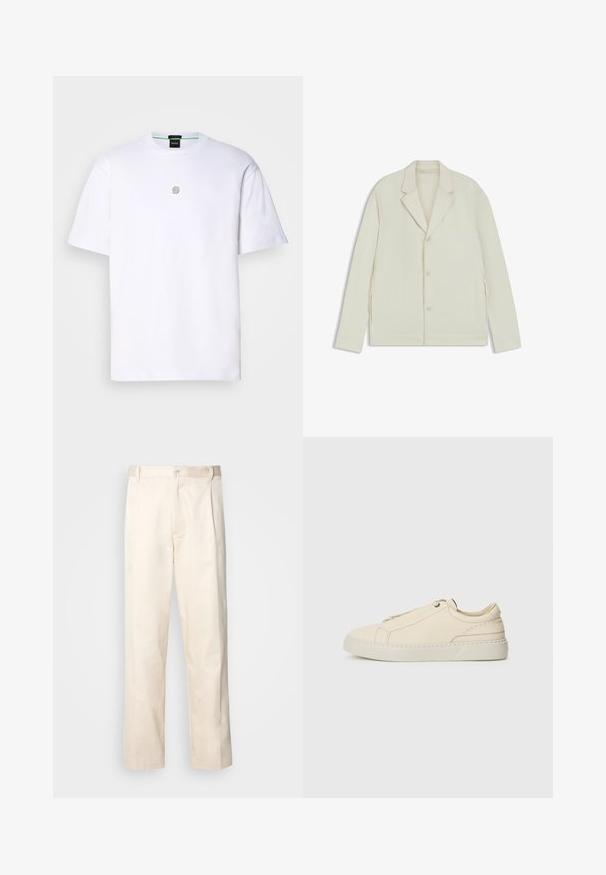Light beige jacket with a notched lapel, button closure, and side zippers. Made from smooth, textured fabric with a tailored fit.; White cotton T-shirt with short sleeves, featuring a small gray logo on the chest, round neckline, and a smooth, soft texture.; Beige cotton trousers with a straight-leg cut, featuring a button closure and pleats at the front for added detail.; Beige leather sneaker with a rounded toe, minimalistic design, subtle stitching details, and a textured upper, on a light sole.