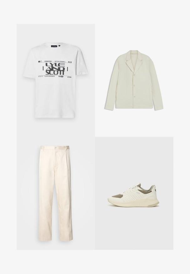 Light beige jacket with a notched lapel, button closure, and side zippers. Made from smooth, textured fabric with a tailored fit.; White cotton t-shirt featuring black graphic text with football formations and tactical terms. Round neck and short sleeves.; Beige cotton trousers with a straight-leg cut, featuring a button closure and pleats at the front for added detail.; White and light beige athletic sneaker, featuring a mesh upper, perforated detailing, and a textured midsole with branding on the heel.