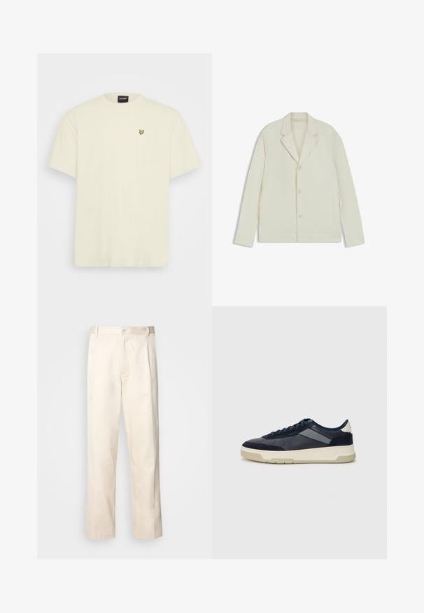 Ljus beige jacka med spetsiga slag, knappstängning och sidodragkedjor. Tillverkad av slätt, texturerat tyg med en skräddarsydd passform.; Kortärmad, ljuskrämfärgad t-shirt i bomull. Har en ficka och en liten gul fjärilslogotyp på bröstet. Rund halsringning.; Beiga bomullbyxor med rak benform, utrustade med knappstängning och veck framtill för extra detalj.; BOSS BALTIMORE - Sneakers - open blue