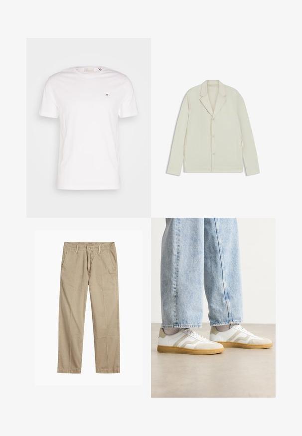Helle beigefarbene Jacke mit Reverskragen, Knopfverschluss und seitlichen Reißverschlüssen. Hergestellt aus glattem, strukturiertem Material mit einer taillierten Passform.; Weißes Baumwoll-T-Shirt mit Rundhalsausschnitt, kurzen Ärmeln und einem kleinen gestickten Logo auf der Brust. Weiche Textur, schlichtes Design.; Beige gerade geschnittene Chinos mit Gürtelschlaufen, vorderem Knopf- und Reißverschlussverschluss sowie schrägen Fronttaschen.; Weiße Sneakers mit beigen Wildleder-Akzenten und hellen Gummisohlen; verfügen über ein Low-Top-Design und eine strukturierte Oberflächenverarbeitung.