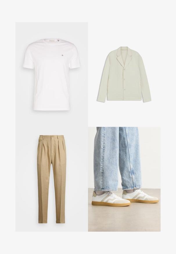 Light beige jacket with a notched lapel, button closure, and side zippers. Made from smooth, textured fabric with a tailored fit.; White cotton T-shirt featuring a crew neckline, short sleeves, and a small embroidered logo on the chest. Soft texture, simple design.; Beige linen trousers with a straight cut, featuring two front pleats, a button closure, and side pockets. Textured fabric with a smooth finish.; White sneakers with beige suede accents and light rubber soles; features a low-top design and textured detailing on the upper.