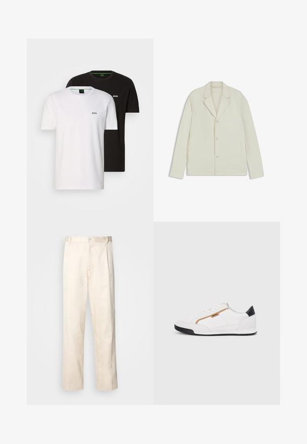 Light beige jacket with a notched lapel, button closure, and side zippers. Made from smooth, textured fabric with a tailored fit.; Two cotton t-shirts in black and white, featuring a crew neck and a small logo on the chest. Both have short sleeves and a straight cut.; Beige cotton trousers with a straight-leg cut, featuring a button closure and pleats at the front for added detail.; White athletic shoes with mesh and leather accents. Features a gold "BOSS" logo, textured side panels, and a black heel cap. Rubber sole.