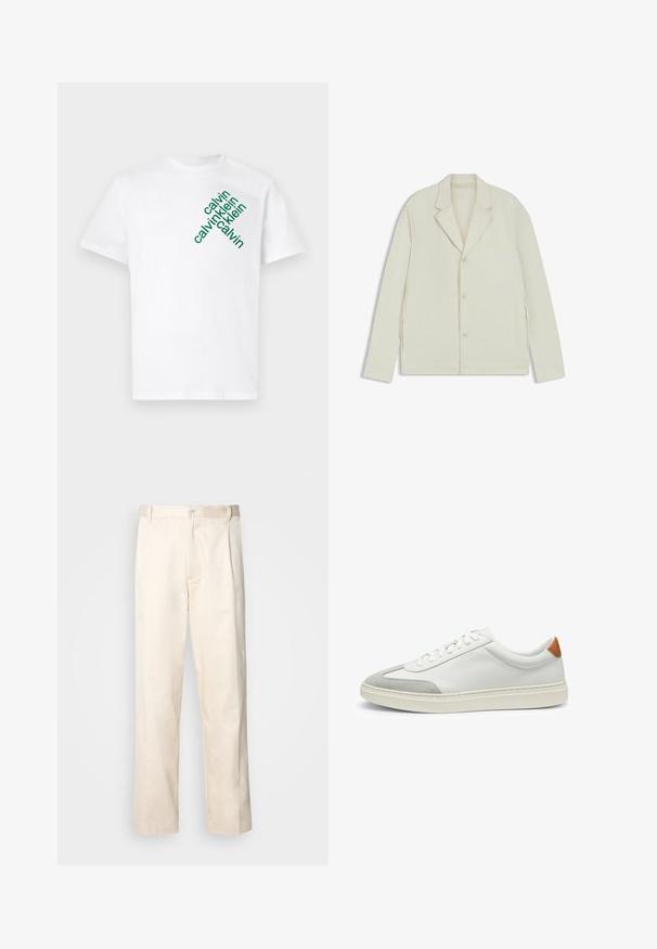 Chaqueta de color beige claro con solapas en pico, cierre de botones y cremalleras laterales. Fabricada con una tela suave y texturizada, con un corte a medida.; Camiseta blanca de algodón con texto diagonal en verde que dice "calvin klein" en diferentes tamaños en la parte delantera. Diseño de manga corta y cuello redondo.; Pantalones de algodón beige con corte recto, que cuentan con un cierre de botón y pliegues en la parte frontal para un detalle adicional.; Zapatillas de cuero blanco con acentos de ante gris y un refuerzo de cuero marrón claro en el talón. Presentan una superficie texturizada y una suela ligera.