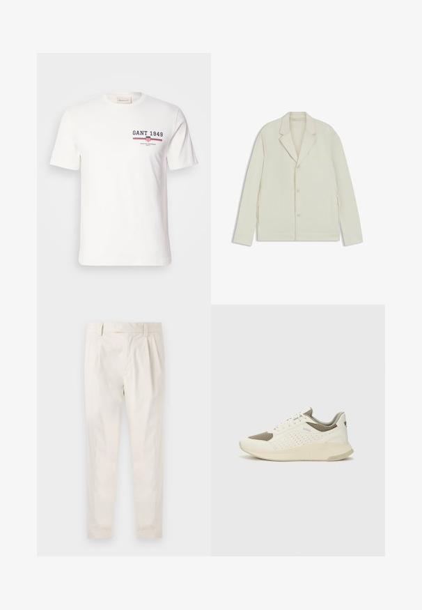 Helle beigefarbene Jacke mit Reverskragen, Knopfverschluss und seitlichen Reißverschlüssen. Hergestellt aus glattem, strukturiertem Material mit einer taillierten Passform.; Weißes Baumwoll-T-Shirt mit kurzen Ärmeln, das das "GANT 1949"-Logo in Marineblau und Rot sowie horizontale rote und blaue Streifenakzente zeigt.; Weiße, plissierte Hose mit taillierten Schnitt, die eine glatte Textur, Gürtelschlaufen und schmal zulaufende Beine aufweist. Keine sichtbaren Taschen oder Muster.; Weiße und hellbeige Sport Sneakers, ausgestattet mit einem Obermaterial aus Netzgewebe, perforierten Details und einer strukturierten Zwischensohle mit Branding an der Ferse.