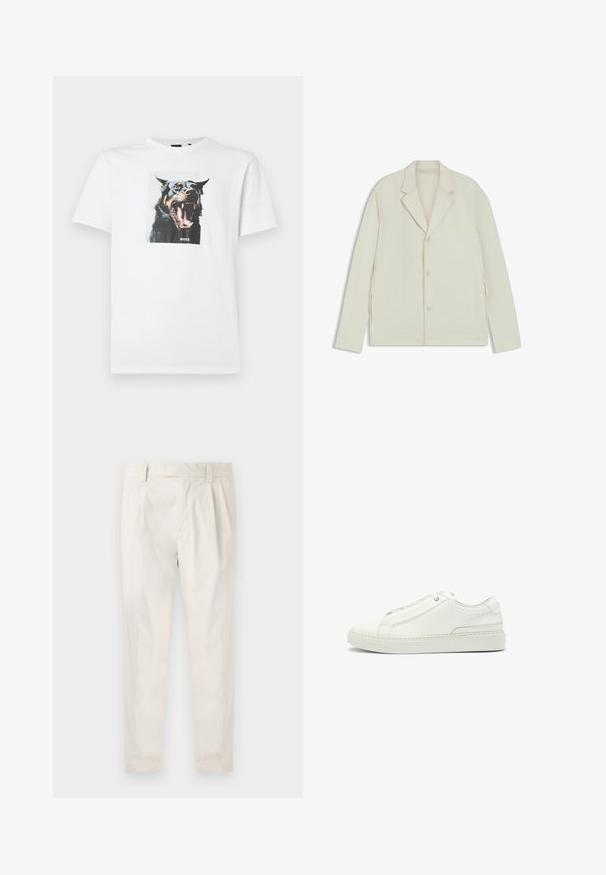 Chaqueta de color beige claro con solapas en pico, cierre de botones y cremalleras laterales. Fabricada con una tela suave y texturizada, con un corte a medida.; Camiseta blanca de algodón con un gran gráfico colorido de un perro ladrando en la parte delantera, con la palabra "BOSS" debajo de la imagen.; Pantalones blancos plisados con un ajuste entallado, que presentan una textura suave, pasadores para el cinturón y piernas ajustadas. Sin bolsillos visibles ni patrones.; Zapatilla de cuero blanco con un upper texturizado, punta redonda, diseño minimalista y suela de goma con detalles cosidos.