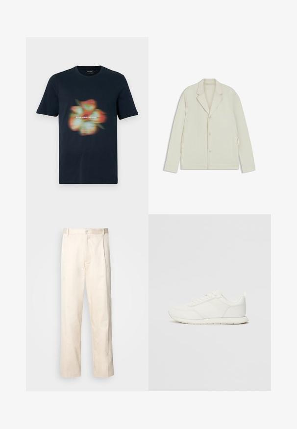 Valkoinenbeige takki, jossa on sahalaita, napitus ja sivuvetoketjut. Valmistettu sileästä, teksturoidusta kankaasta, joka on muotoiltu hyvin istuvaksi.; T-paita tummansinisestä puuvillasta, jossa on epätarkka kukkakuva ja "LYLE AND SCOTT" -teksti keskitettynä kuvion alle. Lyhyet hihat, pyöreä kaula-aukko.; Vaaleanbeige puuvillahousut, joissa on suora lahje, varustettu nappisulkeisella ja etupuolella olevilla laskoksilla lisäyksinä.; Valkoiset tennarit, joissa on verkkokankainen ja synteettinen yläosa, pyöreä kärki, litteät nauhat sekä teksturoitu sivuviiru. Kumipohja ja vetoketju takana.