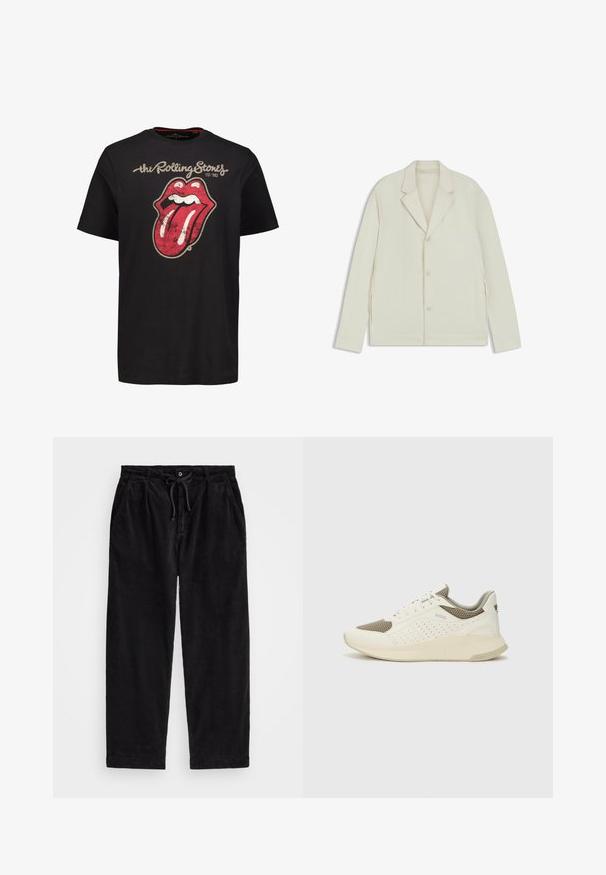Lichtbeige jas met een geknipte revers, knoopsluiting en zijritsen. Gemaakt van een gladde, gestructureerde stof met een slim fit.; Zwarte katoenen t-shirt met een grote, verweerde rode tong en mond grafiek, met de tekst "the Rolling Stones" erboven en het oprichtingsjaar eronder.; Zwarte corduroy broek met een relaxte pasvorm, voorzien van een elastische tailleband met een koord, en zijzakken. De stof vertoont een ribbelstructuur.; Witte en lichtbeige sport sneaker, met een bovenwerk van mesh, geperforeerde details en een gestructureerde tussenzool met branding op de hiel.
