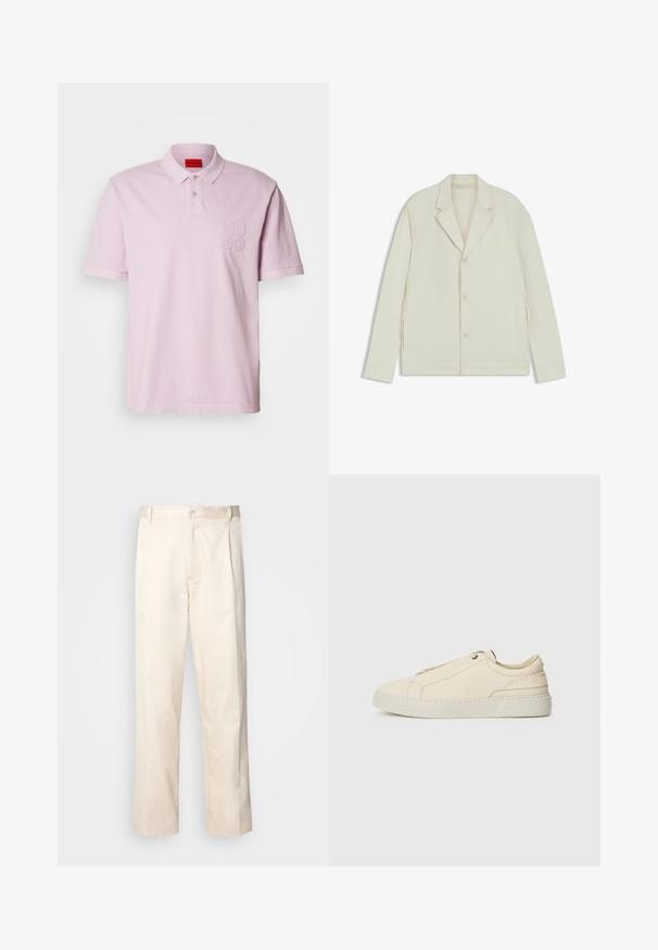 Helle beigefarbene Jacke mit Reverskragen, Knopfverschluss und seitlichen Reißverschlüssen. Hergestellt aus glattem, strukturiertem Material mit einer taillierten Passform.; Hellrosa Polohemd mit Kragen, kurzen Ärmeln und gesticktem "HUGO"-Logo auf der linken Brust. Hergestellt aus weichem Stoff mit glatter Textur.; Beige Baumwollhose mit geradem Bein, ausgestattet mit einem Knopfverschluss und Falten an der Vorderseite für zusätzliche Details.; Beige Leder Sneaker mit runder Zehenpartie, minimalistischem Design, subtilen Nähten und strukturiertem Obermaterial auf einer hellen Sohle.