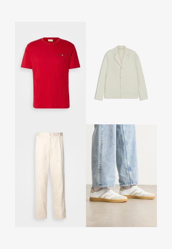 Ljus beige jacka med spetsiga slag, knappstängning och sidodragkedjor. Tillverkad av slätt, texturerat tyg med en skräddarsydd passform.; Röd bomullströja med korta ärmar, rund halsringning och liten marinblå logotypdekoration på bröstet. Slät textur, avslappnad passform.; Beiga bomullbyxor med rak benform, utrustade med knappstängning och veck framtill för extra detalj.; Vita sneakers med beige mockadetaljer och ljusa gummisålar; har en låg design och texturerad detalj på ovansidan.