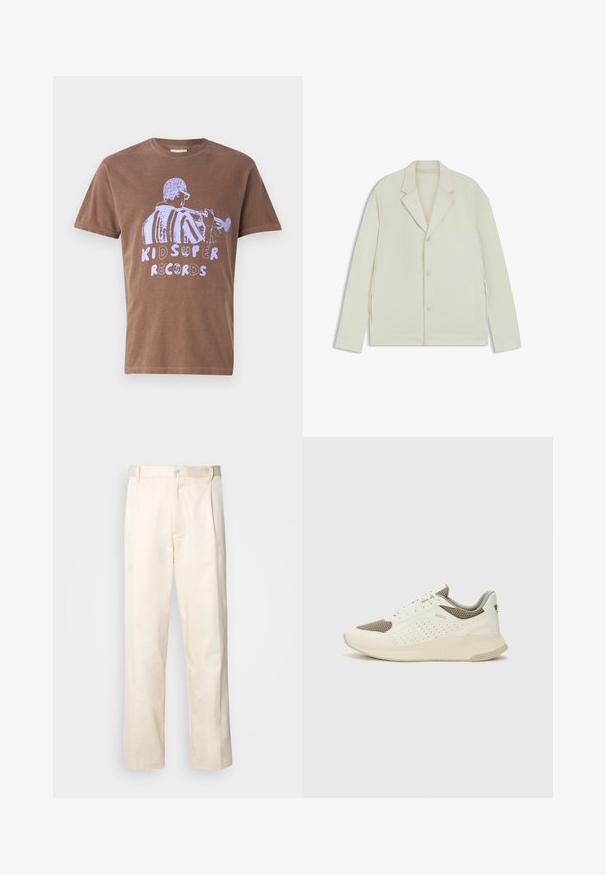Chaqueta de color beige claro con solapas en pico, cierre de botones y cremalleras laterales. Fabricada con una tela suave y texturizada, con un corte a medida.; Camiseta de algodón marrón de manga corta con un gráfico blanco de un músico tocando la trompeta y el texto "KID SUPER RECORDS."; Pantalones de algodón beige con corte recto, que cuentan con un cierre de botón y pliegues en la parte frontal para un detalle adicional.; Zapatilla deportiva en blanco y beige claro, con parte superior de malla, detalles perforados y una mediasuela texturizada con la marca en el talón.