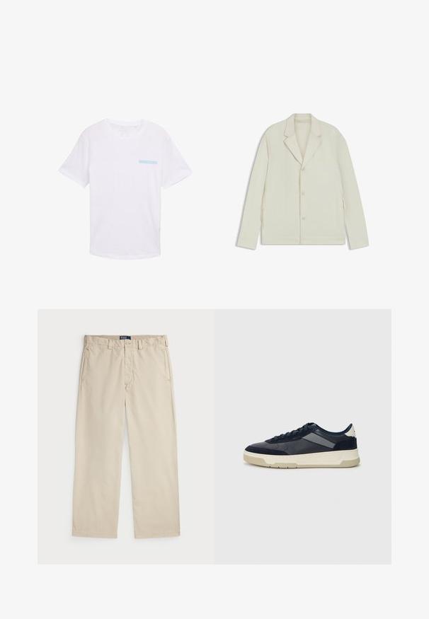 Ljus beige jacka med spetsiga slag, knappstängning och sidodragkedjor. Tillverkad av slätt, texturerat tyg med en skräddarsydd passform.; Vit bomulls t-shirt med korta ärmar, rund halsringning och ett ljusblått rektangulärt tryck på vänster bröstområde. Slät textur.; Beiga bomullschinos med rak bendesign, med knappstängning och två framfickor. Slät textur och enhetlig färg.; BOSS BALTIMORE - Sneakers - open blue