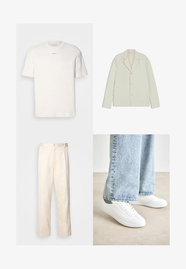 Light beige jacket with a notched lapel, button closure, and side zippers. Made from smooth, textured fabric with a tailored fit.; White cotton T-shirt featuring a round neck, short sleeves, and embroidered "Calvin Klein" logo at the chest center. Plain design.; Beige cotton trousers with a straight-leg cut, featuring a button closure and pleats at the front for added detail.; White sneakers with smooth material, lace-up design, textured rubber sole, and a teal accent at the heel, paired with light blue jeans.