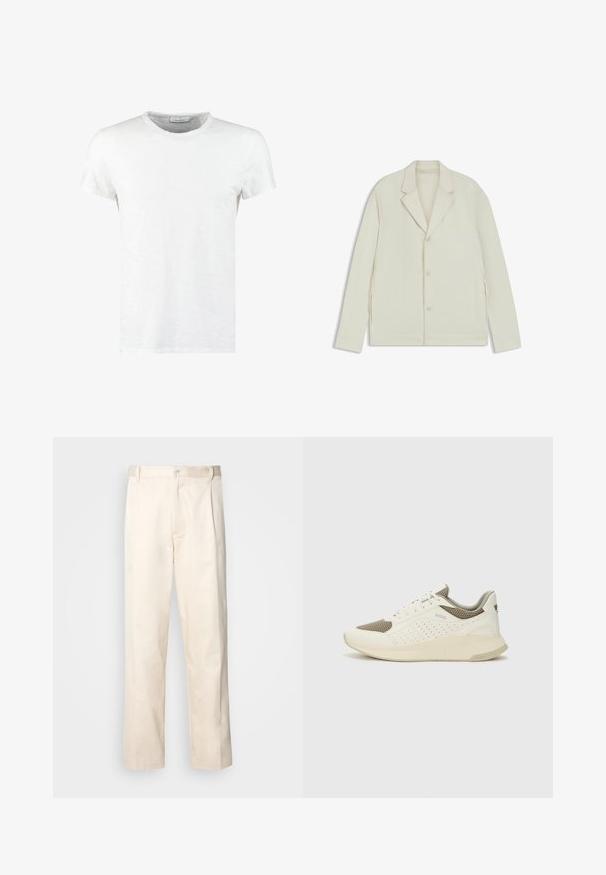 Helle beigefarbene Jacke mit Reverskragen, Knopfverschluss und seitlichen Reißverschlüssen. Hergestellt aus glattem, strukturiertem Material mit einer taillierten Passform.; Weißes Baumwoll-T-Shirt mit Rundhalsausschnitt und kurzen Ärmeln, das eine feine Textur und ein minimalistisches Design aufweist. Keine Muster oder Akzente.; Beige Baumwollhose mit geradem Bein, ausgestattet mit einem Knopfverschluss und Falten an der Vorderseite für zusätzliche Details.; Weiße und hellbeige Sport Sneakers, ausgestattet mit einem Obermaterial aus Netzgewebe, perforierten Details und einer strukturierten Zwischensohle mit Branding an der Ferse.