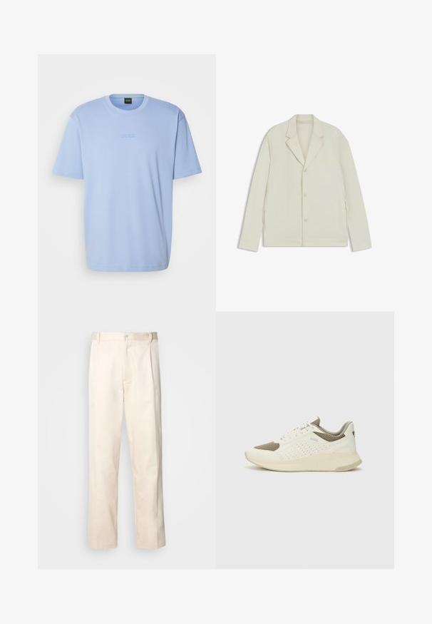 Light beige jacket with a notched lapel, button closure, and side zippers. Made from smooth, textured fabric with a tailored fit.; BOSS TEE - Basic T-shirt - open blue; Beige cotton trousers with a straight-leg cut, featuring a button closure and pleats at the front for added detail.; White and light beige athletic sneaker, featuring a mesh upper, perforated detailing, and a textured midsole with branding on the heel.
