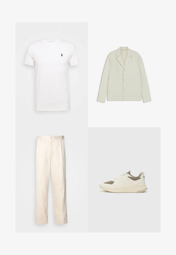 Light beige jacket with a notched lapel, button closure, and side zippers. Made from smooth, textured fabric with a tailored fit.; White cotton t-shirt with a crew neck. Features a small dark blue logo on the left chest. Short sleeves, smooth texture.; Beige cotton trousers with a straight-leg cut, featuring a button closure and pleats at the front for added detail.; White and light beige athletic sneaker, featuring a mesh upper, perforated detailing, and a textured midsole with branding on the heel.