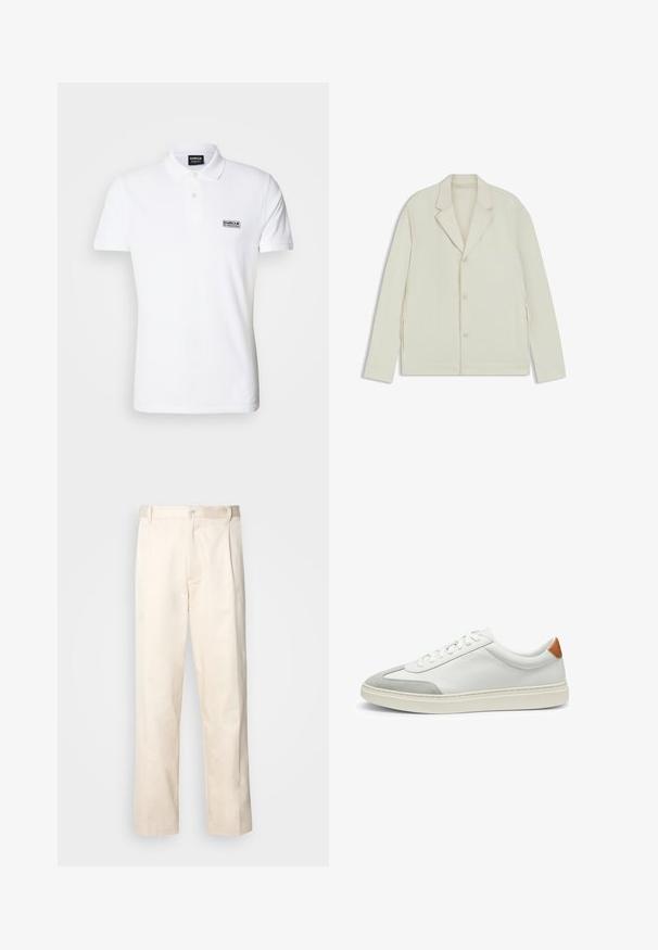 Jasnobeżowa kurtka z wyłogowym kołnierzem, zapięciem na guziki i bocznymi zamkami. Wykonana z gładkiego, teksturowanego materiału o dopasowanym kroju.; Biała koszulka polo wykonana z bawełny, z klasycznym kołnierzykiem, dwoma guzikami oraz małym czarnym logo "Barbour International" na piersi.; Beżowe bawełniane spodnie o prostym kroju nogawki, z zapięciem na guziki i plisami z przodu dla dodatkowego zdobienia.; Białe skórzane tenisówki z szarymi zamszowymi akcentami oraz brązowym skórzanym zapiętkiem. Posiadają teksturowaną powierzchnię i lekką podeszwę.