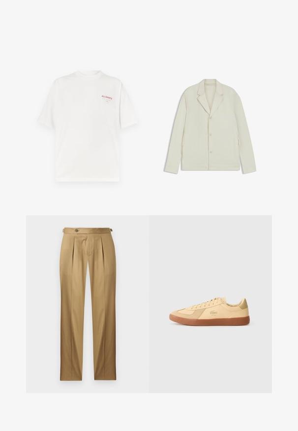 Light beige jacket with a notched lapel, button closure, and side zippers. Made from smooth, textured fabric with a tailored fit.; White cotton t-shirt with a round neck, short sleeves, and a red logo on the left chest, featuring a smooth texture and relaxed fit.; Beige trousers with a straight fit, featuring pleats, a button closure, and belt loops. Smooth fabric with a clean, tailored look.; Lacoste sneakers in pale yellow leather, featuring a gum rubber sole, lace-up design, and iconic logo. Suede accents on toe and heel.