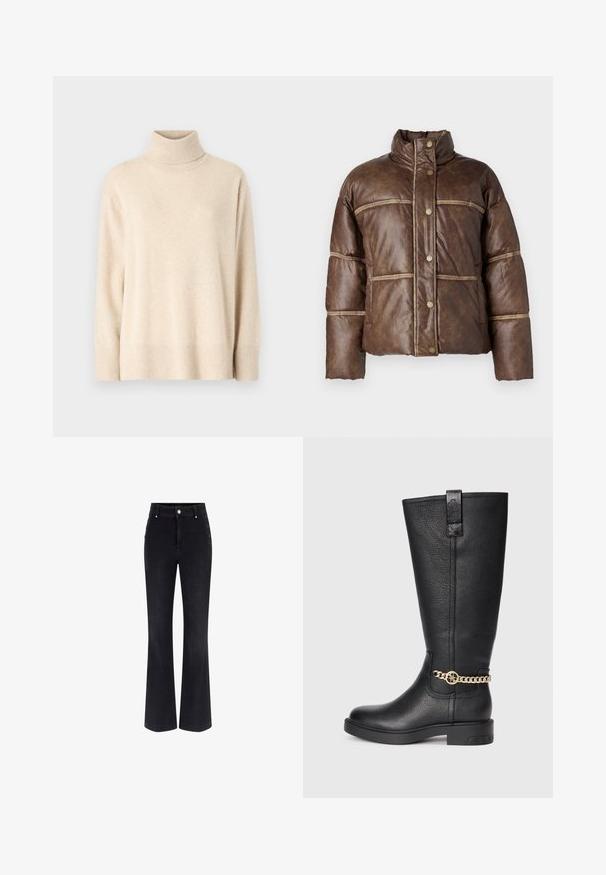 Puffy brown synthetic jacket with a high collar, snap-button closure, and contrasting stitching detailing across the body and sleeves.; Beige turtleneck sweater made of soft fabric, featuring a ribbed collar and cuffs, with a relaxed fit and straight hem.; Black denim flared jeans featuring a high waist, five-pocket design, and metallic button accents on the sides. Smooth texture and classic fit.; Black leather knee-high boot with a textured finish, featuring a decorative gold chain accent and a flat rubber sole.