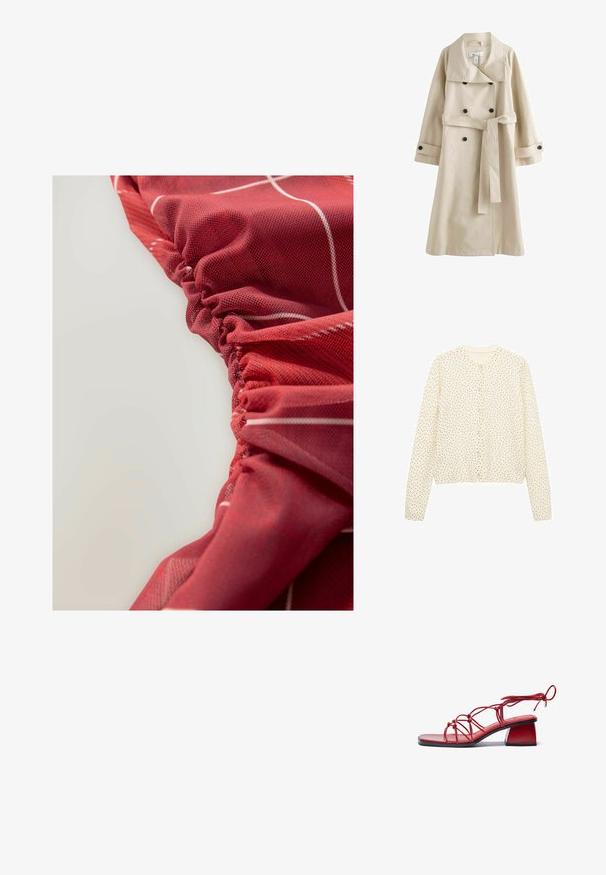 Beige trench coat with a double-breasted design, large collar, black buttons, and a matching belt at the waist. Smooth, lightweight fabric.; Cream cardigan with long sleeves, round neckline, and black polka dots. Features button front closure and ribbed hem. Soft fabric texture.; Red, textured fabric with gathered detailing and white linear patterns, showcasing a smooth and slightly glossy appearance.; Red heeled sandal made from glossy materials. Features a square toe, intricate strappy design, and a chunky block heel.; Red leather handbag with a rounded top, structured cone shape, a short handle, and a detachable shoulder strap. Features gold hardware accents.