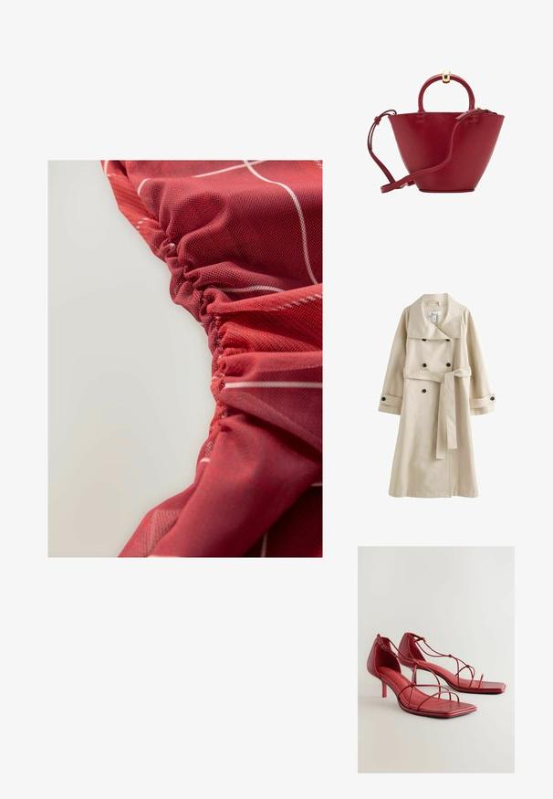 Manteau trench beige avec un design à double boutonnage, grand col, boutons noirs et une ceinture assortie à la taille. Tissu lisse et léger.; Tissu rouge texturé avec des détails plissés et des motifs linéaires blancs, présentant une apparence lisse et légèrement brillante.; Sandales à talons hauts en cuir rouge avec des orteils carrés, plusieurs fines brides sur le pied et une boucle réglable à la cheville. Semelle intérieure texturée.; Sac à main en cuir rouge avec un sommet arrondi, une forme conique structurée, une petite poignée et une bandoulière amovible. Comprend des accents en matériel doré.