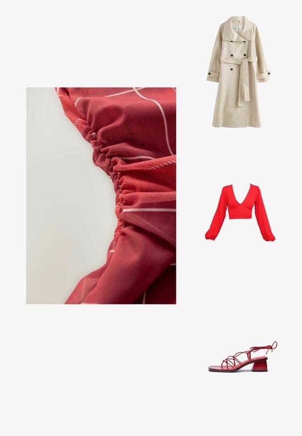 béžový trenčkot s dvojradovým dizajnom, veľkým golierom, čiernymi gombíkmi a zodpovedajúcim opaskom v páse. Hladká, ľahká tkanina.; Červený krátený top s hlbokým výstrihom do V, dlhými pužíkovými rukávmi a zhromažděnými detailmi v oblasti pása. Vyrobený z hladkého, elastického materiálu.; Červená textúrovaná tkanina s nariasením a bielymi líniovými vzormi, ktorá vykazuje hladký a jemne lesklý vzhľad.; Červené sandále na podpätku vyrobené z lesklých materiálov. Majú štvorcovú špičku, zložitý dizajn remienkov a robustný blokový podpätok.; Červená kožená kabelka s zaobleným vrchom, štruktúrovaným kužeľovým tvarom, krátkymi ušami a odnímateľným ramenným popruhom. Obsahuje zlaté kovové akcenty.