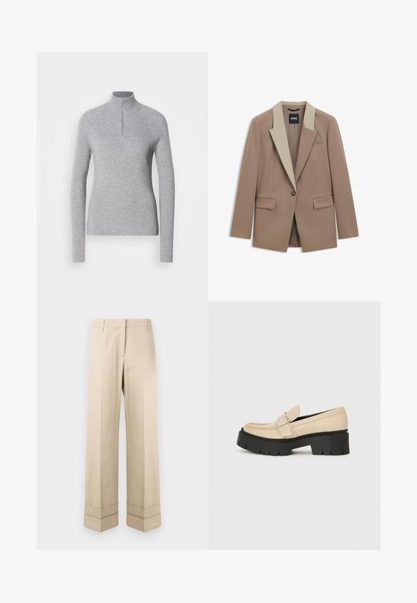 Blazer beige con colletto in beige chiaro a contrasto, chiusura con un bottone e due tasche frontali. Realizzato in un tessuto liscio e strutturato.; Maglione grigio chiaro a coste con colletto alto e zip sul collo. Presenta maniche lunghe e un design aderente.; Pantaloni beige con vestibilità dritta, caratterizzati da un doppio risvolto all'orlo e un design frontale piatto. Realizzati in tessuto liscio e resistente.; Mocassini in pelle beige con suola nera spessa, caratterizzati da una fibbia decorativa e dettagli di cucitura sulla parte anteriore. Vista laterale.