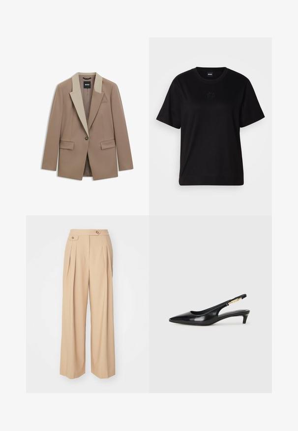 Beige blazer met een contrasterende lichtbeige kraag, sluiting met één knoop en twee voorzakken. Gemaakt van een soepele, gestructureerde stof.; Zwarte katoenen t-shirt met een ronde hals, korte mouwen en een geborduurd logo op de borst. Eenvoudige, comfortabele pasvorm zonder patronen.; Beige wijde broek met twee voorplooien, twee knopen op de tailleband en een gladde, gestructureerde stof. Geen zichtbare zakken.; Zwarte leren slingback hakken met een spitse neus, voorzien van een slanke hak en een goudkleurige accent op de verstelbare band. Gladde textuur.