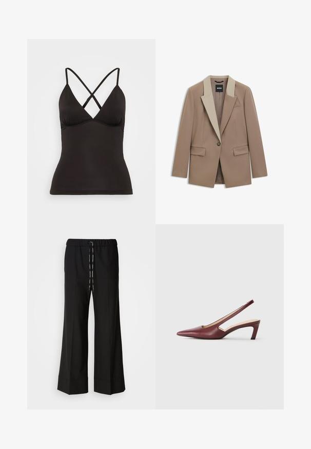 Beige blazer with a contrasting light beige collar, single button closure, and two front pockets. Made from smooth, structured fabric.; Black camisole with adjustable cross-back straps, featuring a deep V-neck and a fitted silhouette. Made from smooth, stretchy fabric.; Black, wide-leg trousers with an elastic waistband and black drawstring. Made of smooth fabric with no visible patterns or hardware.; Burgundy slingback heels with a pointed toe, cutout details on the side, and a mid-height block heel. Smooth leather finish.