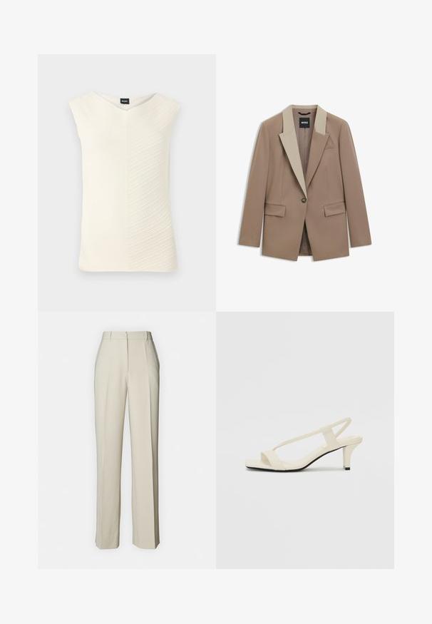 Beige Blazer mit einem kontrastierenden, hellbeigen Kragen, Ein-Knopf-Verschluss und zwei vorderen Taschen. Aus glattem, strukturiertem Material gefertigt.; Ärmellose Bluse in Creme, mit V-Ausschnitt, strukturiertem wellenförmigem Muster und figurbetontem Schnitt, aus einem weichen, dehnbaren Stoff gefertigt.; Beige maßgeschneiderte Hose mit geradem Schnitt, ausgestattet mit vorderen Falten, einem flachen Bund und glatter Textur für ein sauberes Finish.; Beige Blockabsatzsandalen mit dünnen Riemen und quadrater Spitze. Glattes Material mit minimalem Design, entworfen für einfaches Tragen.