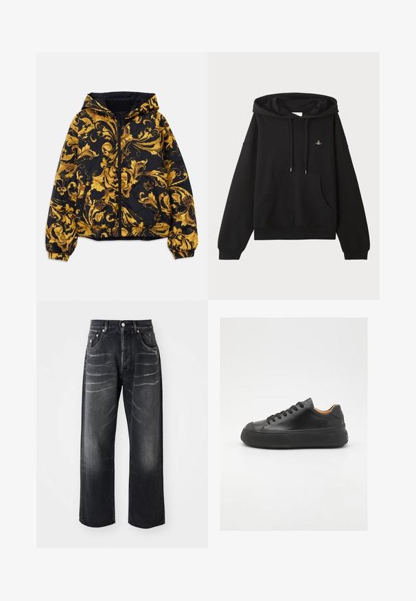 Juodas gobtuvu švarkas su auksiniais baroko stiliaus floristiniais raštais, priekinis užtrauktukas, elastingos rankogaliai ir užtrauktukų šoninės kišenės.; Juodas džemperis iš minkštos medžiagos, su kengūros kišene, kapuci, ir mažu nusisiuvimu ant krūtinės.; Juodos tiesios džinsinės kelnės su išblukusiomis raukšlėmis ant šlaunų, priekyje mygtukas, užtrauktukas ir penkių kišenių dizainas.; Juodos odinės sportinės bateliai su apvaliu pirštu, raištelių užsegimu, lygiu paviršiumi, storu guminio pado ir kontrastinga tan spalvos vidine puse.