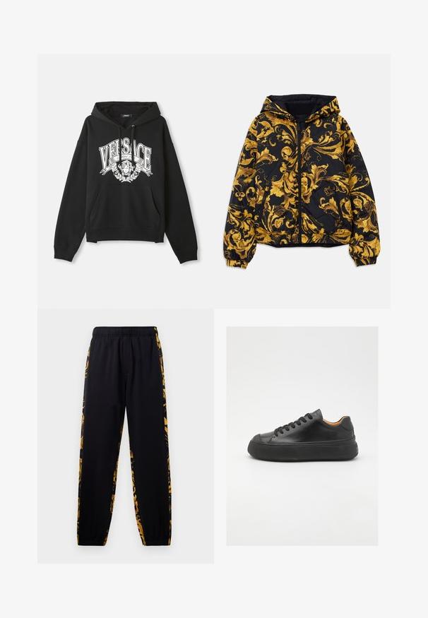 Černá kapucová bunda s nádhernými zlatými barokními květinovými vzory a předním zipem, elastickými manžetami a zipovými postranními kapsami.; Černá mikina s kapucí a bílým nápisem "VERSACE" a logem hlavy Medusy umístěným na hrudi, obsahující přední klokání kapsu a šňůrky.; Černé joggingové kalhoty s elastickým pasem a manžetami, zdobené zlatými a černými květinovými vzory po stranách.; Černé kožené tenisky s kulatou špičkou, šněrováním v přední části, hladkým povrchem, silnou gumovou podrážkou a kontrastním tan interiérem.