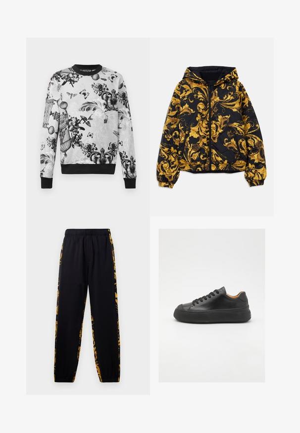 Svart huva jacka med gyllene utsmyckade barockblommönster och framdragkedja, elastiska ärmslut och dragkedjeförsedda sidofickor.; Svart och vit crewneck sweatshirt med intrikata blommönster och fjärilar, texturerad tyg, samt svarta muddar och nederkant.; Svarta joggerbyxor med elastisk midja och muddar, med sidopaneler i guld- och svartmönstrad blommönster.; Svarta lädersneakers med rund tå, snörning framtill, slät yta, tjock gummisula och kontrasterande tan-färgad insida.