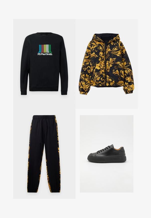 Zwarte hoodie met gouden, sierlijke barokke bloempatronen en een ritssluiting aan de voorkant, elastische manchetten en ritszakken aan de zijkant.; Zwarte sweatshirt met lange mouwen en ronde hals, voorzien van het "PS Paul Smith" logo in levendige strepen van blauw, rood, geel, groen en wit.; Zwarte joggerbroeken met een elastische tailleband en boorden, met gouden en zwarte bloemenpatronen aan de zijkanten.; Zwarte leren sneaker met een ronde neus, vetersluiting aan de voorkant, een gladde textuur, dikke rubberen zool en contrasterende tan interieur.