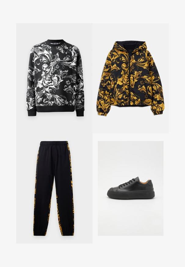 Črna kapuca jakna z zlatimi ornate baročnimi cvetličnimi vzorci in sprednjim zadrgo, elastičnimi manšeti in stranskimi žepe z zadrgo.; Črn pulover z zapletenimi belimi cvetličnimi vzorci, zaobljenim ovratnikom in rebrastimi manšetami. Gladka tkanina z udobnim krojem.; Črne trenirke z elastiko v pasu in ob robovih, ki imajo zlate in črne cvetlične vzorec na stranskih panelih.; Črne usnjene superge z okroglo konico, vezalnim sprednjim delom, gladko teksturo, debelim gumijastim podplatom in kontrastno rjavim notranjim delom.