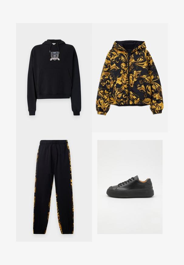 Schwarze Kapuzenjacke mit goldenen, kunstvollen barocken Blumenmustern, Frontreißverschluss, elastischen Bündchen und seitlichen Reißverschlusstaschen.; Schwarzer Pullover mit einer vorderen Tasche, gerippten Bündchen und Saum. Mit einem gestickten Wappen-Design und der Aufschrift „Liebe & Gerechtigkeit“ auf der Brust.; Schwarze Jogginghose mit elastischem Bund und Bündchen, verziert mit goldenen und schwarzen Blumenmustern an den Seiten.; Schwarze Ledersneaker mit runder Zehenpartie, schnürbarem Vorderteil, glatter Oberfläche, dickem Gummisohle und kontrastierendem, braunem Innenraum.