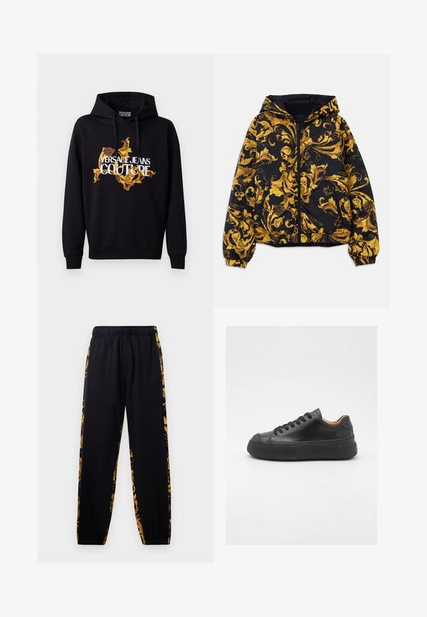 Black hooded jacket with golden ornate baroque floral patterns and front zipper, elastic cuffs, and zippered side pockets.; Black hoodie featuring a vibrant gold and yellow baroque pattern and white "VERSACE JEANS COUTURE" text on the front. Drawstring hood.; Black jogger pants with elastic waistband and cuffs, featuring gold and black floral patterned side panels.; Black leather sneaker with a round toe, lace-up front, smooth texture, thick rubber sole, and contrasting tan interior.
