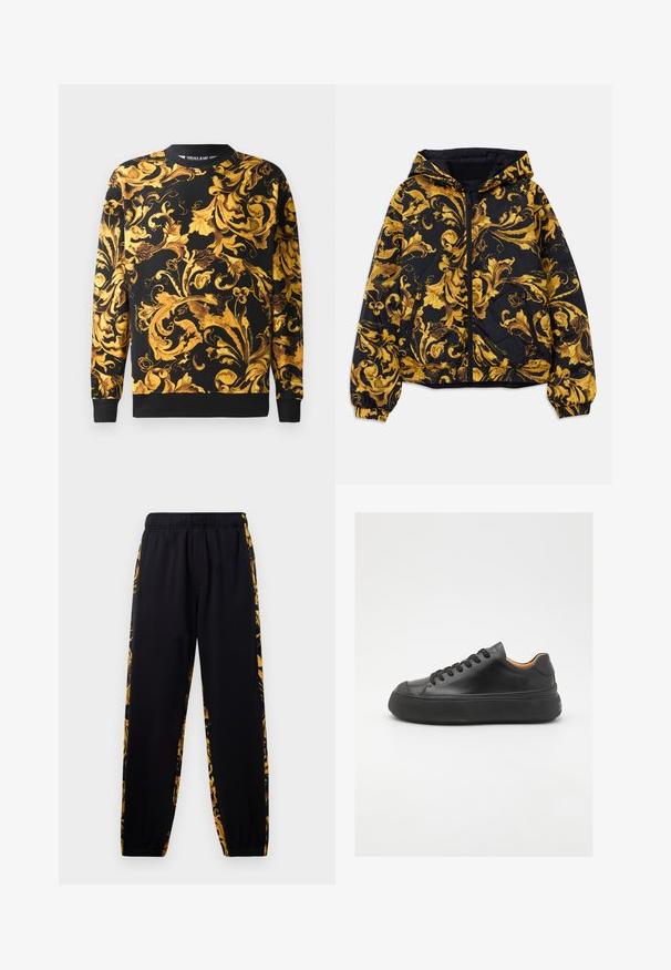 Jachetă neagră cu glugă, decorată cu modele florale baroc ornate în nuanțe de aur, dotată cu fermoar frontal, manșete elastice și buzunare laterale cu fermoar.; Hanorac negru cu modele florale baroce aurii intricate, cu manșete și tiv cu nervuri, confecționat dintr-un material din amestec de bumbac.; Pantaloni de jogging negri cu talie și mansete elastice, având panouri laterale cu un model floral auriu și negru.; Tenis de piele neagră cu vârf rotund, cu șireturi pe față, textură netedă, talpă groasă din cauciuc și interior contrastant de culoare bej.
