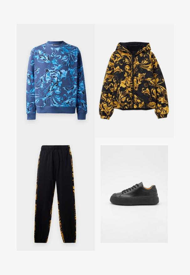 Čierna kapucňová bunda s kultivovanými barokovými zlatými kvetinovými vzormi a predným zipsom, elastickými manžetami a bočnými vreckami na zips.; Námornícky sveter s prepracovanými modrými kvetinovými vzormi. Má okrúhly výstrih a ribované manžety. Vyrobený z jemnej látky s hladkou textúrou.; Čierne teplákové nohavice s elastickým pásom a manžetami, s bočnými panelmi so zlatým a čiernym kvetinovým vzorom.; Čierne kožené tenisky s okrúhlou špičkou, šnurovaním vpredu, hladkou textúrou, hrubou gumovou podrážkou a kontrastným béžovým interiérom.
