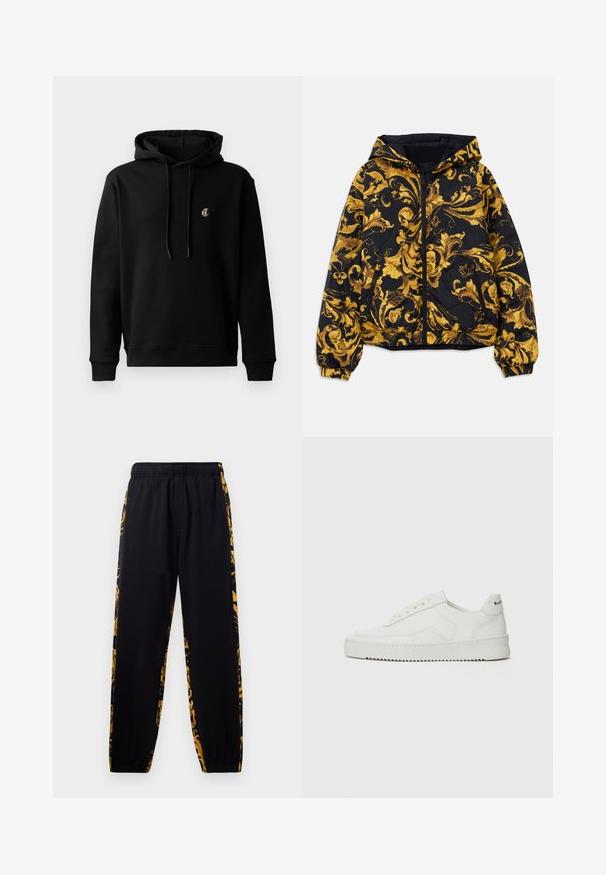Giacca nera con cappuccio, decorata con ornati motivi floreali barocchi dorati, dotata di zip frontale, polsini elasticizzati e tasche laterali con zip.; Felpa nera con cappuccio in cotone misto, dotata di tasca a kangaroo sul davanti, cappuccio regolabile con coulisse e un piccolo logo ricamato sul petto.; Pantaloni jogger neri con elastiche in vita e alle caviglie, caratterizzati da pannelli laterali a motivi floreali neri e dorati.; Sneaker in pelle bianca con una finitura liscia, punta rotonda, lacci piatti e suola testurizzata. Presenta un logo discreto sul tallone.