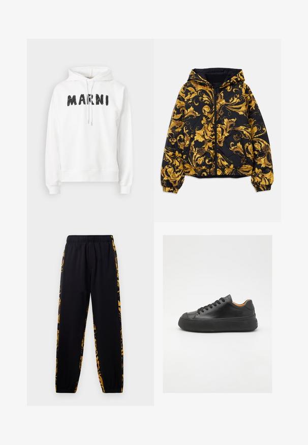 Giacca nera con cappuccio, decorata con ornati motivi floreali barocchi dorati, dotata di zip frontale, polsini elasticizzati e tasche laterali con zip.; Marni Felpa - natural white; Pantaloni jogger neri con elastiche in vita e alle caviglie, caratterizzati da pannelli laterali a motivi floreali neri e dorati.; Sneaker in pelle nera con punta tonda, allacciatura frontale, superficie liscia, suola in gomma spessa e interno a contrasto color nocciola.