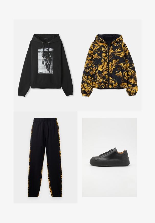 Zwarte hoodie met gouden, sierlijke barokke bloempatronen en een ritssluiting aan de voorkant, elastische manchetten en ritszakken aan de zijkant.; Zwarte hoodie van katoen, met een grafische print van een profiel in grijs en wit, met goudkleurige trekkoordhardware.; Zwarte joggerbroeken met een elastische tailleband en boorden, met gouden en zwarte bloemenpatronen aan de zijkanten.; Zwarte leren sneaker met een ronde neus, vetersluiting aan de voorkant, een gladde textuur, dikke rubberen zool en contrasterende tan interieur.