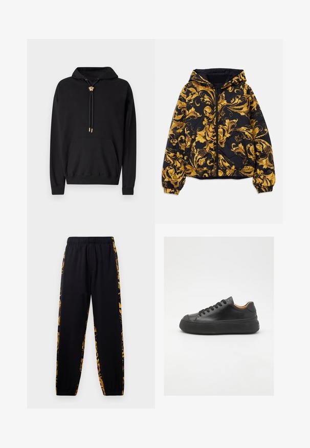 Černá kapucová bunda s nádhernými zlatými barokními květinovými vzory a předním zipem, elastickými manžetami a zipovými postranními kapsami.; Černá mikina s kapucí ze 100 % bavlny s přední kapsou, s detaily jako zlatá hlava lva na šňůrkách a logem embosovaným na hrudi.; Černé joggingové kalhoty s elastickým pasem a manžetami, zdobené zlatými a černými květinovými vzory po stranách.; Černé kožené tenisky s kulatou špičkou, šněrováním v přední části, hladkým povrchem, silnou gumovou podrážkou a kontrastním tan interiérem.