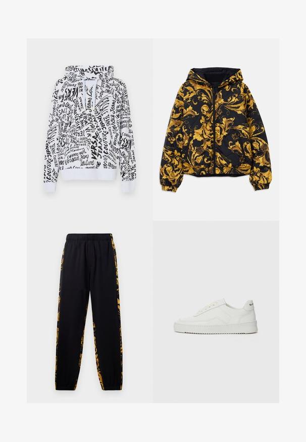 Črna kapuca jakna z zlatimi ornate baročnimi cvetličnimi vzorci in sprednjim zadrgo, elastičnimi manšeti in stranskimi žepe z zadrgo.; Sivi kapuča s črnim ročno napisanim vzorcem, ki vključuje besedilo in logotipe. Ohlapen kroj z rebrastimi manšetami in pasom.; Črne trenirke z elastiko v pasu in ob robovih, ki imajo zlate in črne cvetlične vzorec na stranskih panelih.; Bela usnjena športna obutev z gladko površino, okroglo prst, ravne vezalke in teksturiran podplat. Ima diskretno logo na peti.