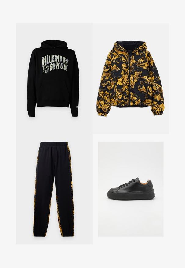 Černá kapucová bunda s nádhernými zlatými barokními květinovými vzory a předním zipem, elastickými manžetami a zipovými postranními kapsami.; Černá mikina s kapucí, která má bílý grafický potisk "Billionaire Boys Club" s astronautickým detailem, klokankovou kapsu a žebrované rukávy.; Černé joggingové kalhoty s elastickým pasem a manžetami, zdobené zlatými a černými květinovými vzory po stranách.; Černé kožené tenisky s kulatou špičkou, šněrováním v přední části, hladkým povrchem, silnou gumovou podrážkou a kontrastním tan interiérem.