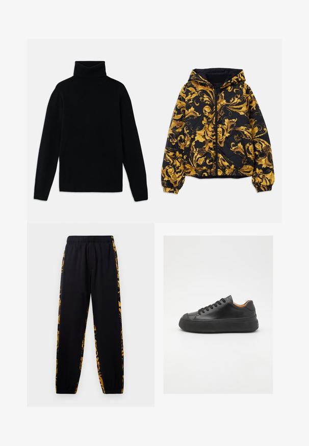 Must aga kapuutsiga must jakk, millel on kuldsed baroki lillemustrid, esikinnitus, elastsed mansetid ja lukuga küljetaskud.; Mustad mustriga kätisega särk, mis on valmistatud pehmest kudumismaterjalist. Pikad varrukad, soonikkoes kaelus ja siledat tekstuuri alläär.; Mustad jooksupüksid elastse vöökoha ja soonikkudega, millel on kuldne ja must lilleline muster külgedel.; Mustmust mustarist king kätšiga, ümar varvas, nöörimisega esiosa, sile tekstuur, paks kummist tall ja kontrastne pruun sisemus.