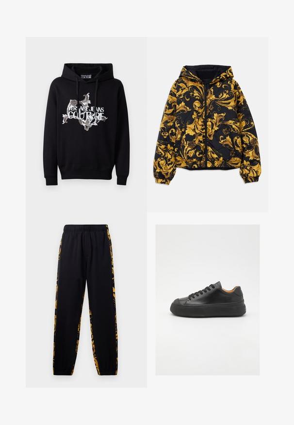 Fekete kapucnis dzseki arany díszített barokk virágmintákkal, elöl cipzárral, elasztikus mandzsettákkal és cipzáras oldalzsebekkel.; Fekete kapucnis pulóver húzózsinórral, középen díszes fehér és szürke mintával, és a "VERSACE JEANS COUTURE" felirattal kiemelten.; Fekete jogger nadrág, elasztikus derékkal és mandzsettákkal, arany és fekete virágmintás oldalsó panelek díszítésével.; Fekete bőr sportcipő kerek orral, fűzős elejével, sima textúrájával, vastag gumitalpával és kontrasztos barnás belsejével.