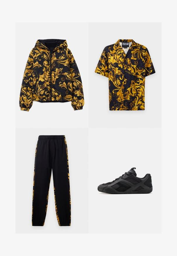 Fekete kapucnis dzseki arany díszített barokk virágmintákkal, elöl cipzárral, elasztikus mandzsettákkal és cipzáras oldalzsebekkel.; Fekete rövidujjú gombos ing sárga és arany barokk virágmintákkal és egy elülső zsebbel, belül Versace Jeans Couture felirattal a gallérban.; Fekete jogger nadrág, elasztikus derékkal és mandzsettákkal, arany és fekete virágmintás oldalsó panelek díszítésével.; Fekete sportcipők sima és texturált anyagok keverékéből, jellegzetes kialakítással, formázott talppal és hangsúlyos logó részletekkel.