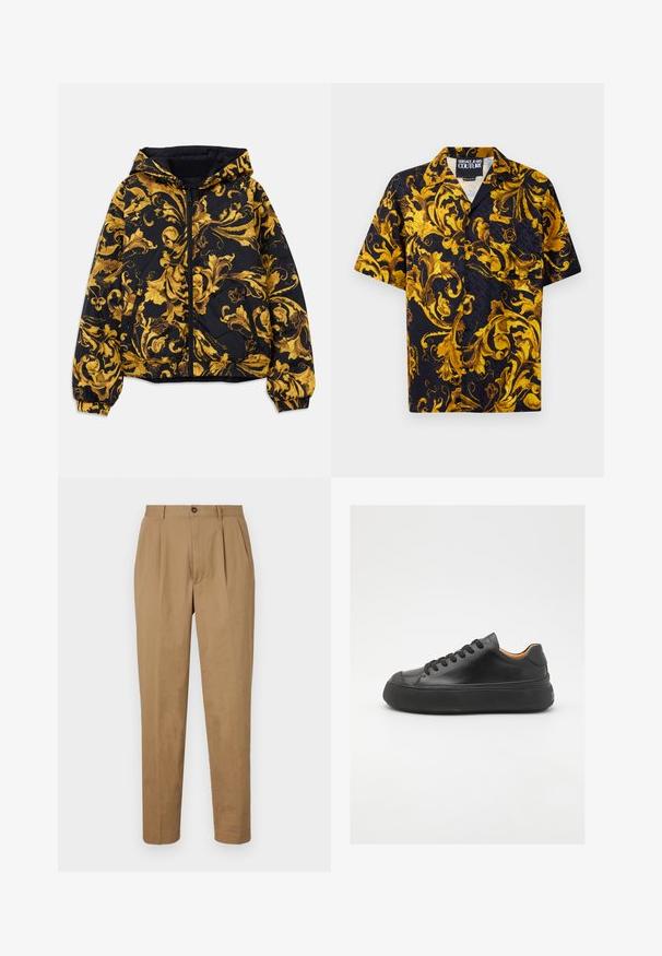 Giacca nera con cappuccio, decorata con ornati motivi floreali barocchi dorati, dotata di zip frontale, polsini elasticizzati e tasche laterali con zip.; Camicia nera a maniche corte con bottoni, decorata con motivi floreali barocchi gialli e dorati, e una tasca frontale, etichettata Versace Jeans Couture all'interno del colletto.; Pantaloni plettati beige con taglio dritto, realizzati in un tessuto morbido. Presentano una chiusura frontale con bottone e tasche laterali.; Sneaker in pelle nera con punta tonda, allacciatura frontale, superficie liscia, suola in gomma spessa e interno a contrasto color nocciola.