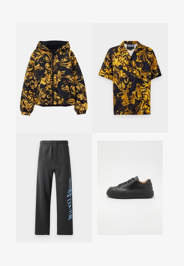 Melns kapucēts mētis ar zeltainiem izsmalcinātiem baroka florāliem rakstiem, priekšējo rāvējslēdzēju, elastīgām aprocēm un rāvējslēdzēja sānu kabatām.; Melna īsām piedurknēm pogājama krekla ar dzelteniem un zelta baroka ziedu rakstiem un priekšējo kabatu, iekšējā apvalkā ar marķējumu "Versace Jeans Couture".; Melnas sporta bikses, kas izgatavotas no mīksta auduma, ar brīvu piegriezumu un elastīgu jostasvietu. Izcils zils drukāts teksts pa sānu.; Melna ādas sporta kurpe ar apaļu purngalu, ar auklēm priekšā, gluda tekstūra, bieza gumijas zole un kontrastējošs brūns iekšpuses materiāls.