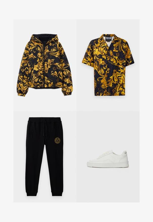 Črna kapuca jakna z zlatimi ornate baročnimi cvetličnimi vzorci in sprednjim zadrgo, elastičnimi manšeti in stranskimi žepe z zadrgo.; Črna kratka majica s kratkimi rokavi z gumbi, okrašena z rumenimi in zlatimi baročnimi cvetličnimi vzorci ter sprednjim žepom, označena z Versace Jeans Couture znotraj ovratnika.; Črne trenirke iz mehke tkanine, s fleksibilnim pasom in vrvico ter stranskima žepoma. Zlata okrogla logotipna podrobnost na stegnu.; Bela usnjena športna obutev z gladko površino, okroglo prst, ravne vezalke in teksturiran podplat. Ima diskretno logo na peti.